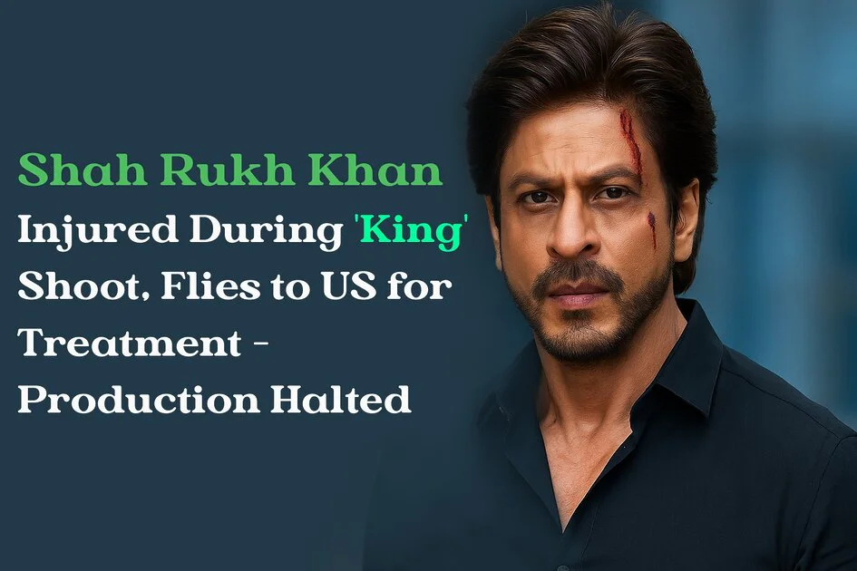 A digital photograph features Bollywood actor Shah Rukh Khan with a visible injury on his forehead, wearing a black shirt, standing against a blurred modern background.