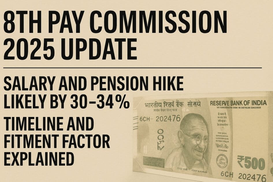 8th Pay Commission 2025 Update - Landscape infographic highlighting the 8th Pay Commission 2025 update, mentioning a 30–34% salary and pension hike with timeline and fitment factor details, alongside a faded image of a ₹500 Indian currency note.