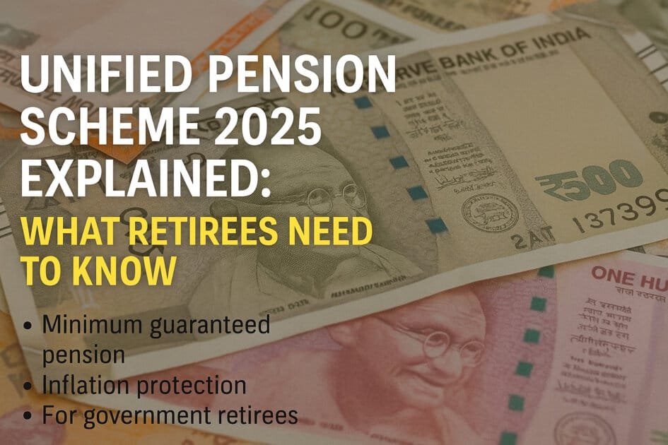 Informational graphic showing Indian currency notes with overlay text explaining the Unified Pension Scheme 2025 and key retirement benefits.