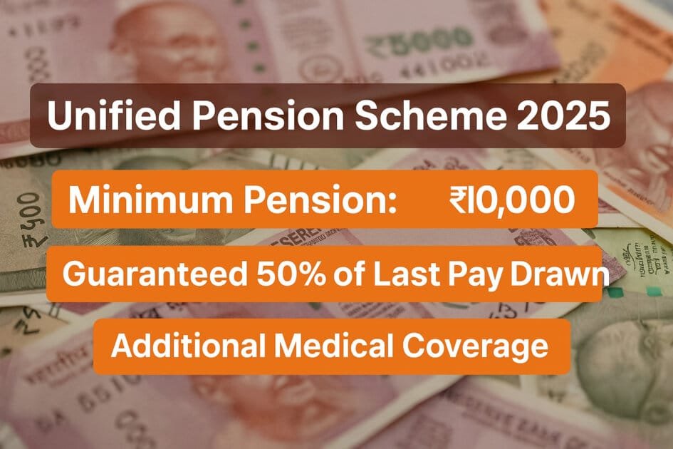 Unified Pension Scheme 2025 graphic showing ₹10,000 minimum pension, 50% of last pay drawn, and added medical coverage over Indian currency background.