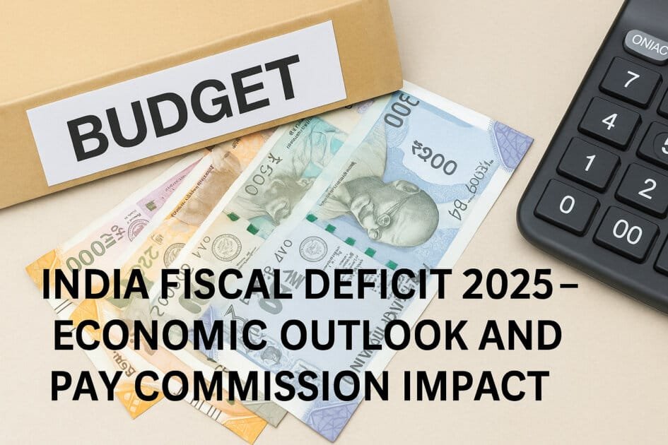Indian currency notes, calculator, and a "Budget" file illustrating India Fiscal Deficit 2025 and the impact of Pay Commission policies.
