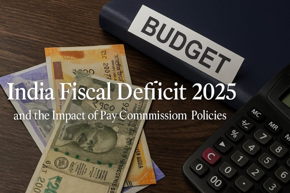 Dark wooden background with Indian currency, calculator, and budget folder illustrating India Fiscal Deficit 2025 and Pay Commission impact.