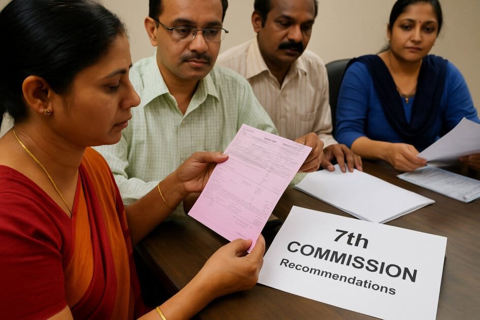 7th Pay Commission Impact & Deep Analysis - Indian government employees reviewing salary slips under the 7th Pay Commission recommendations during an office meeting.