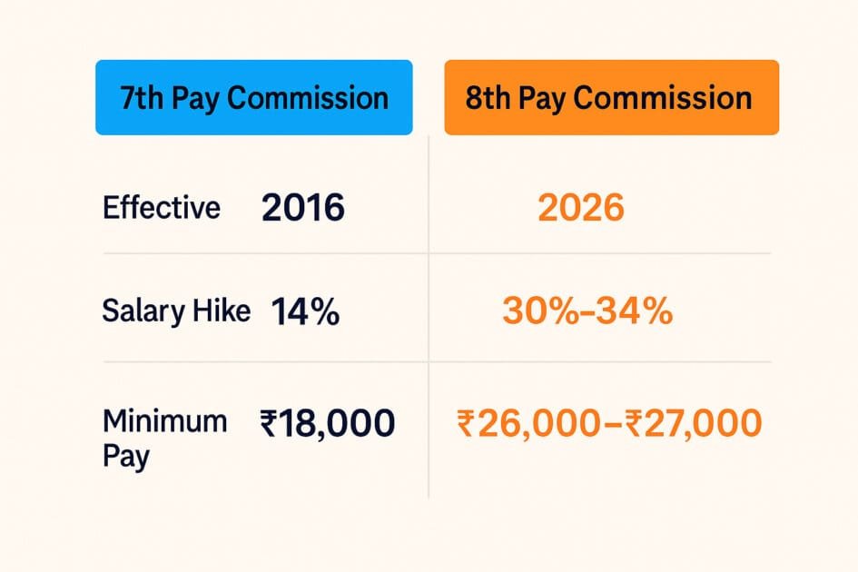 7th Pay Commission Impact & Deep Analysis - Clean table infographic comparing 7th Pay Commission (effective 2016) and 8th Pay Commission (expected 2026) by salary hike and minimum pay.