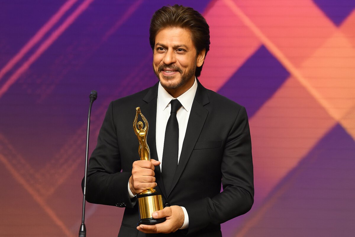 Shah Rukh Khan smiling while holding a golden trophy at an award ceremony, dressed in a black suit and tie with a colorful stage backdrop.
