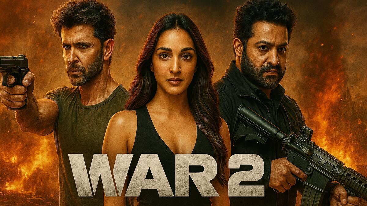 War 2 movie review : poster featuring Hrithik Roshan aiming a pistol, Kiara Advani in the center, and Jr NTR holding an assault rifle, set against a fiery battlefield backdrop, YRF Spy Universe film.