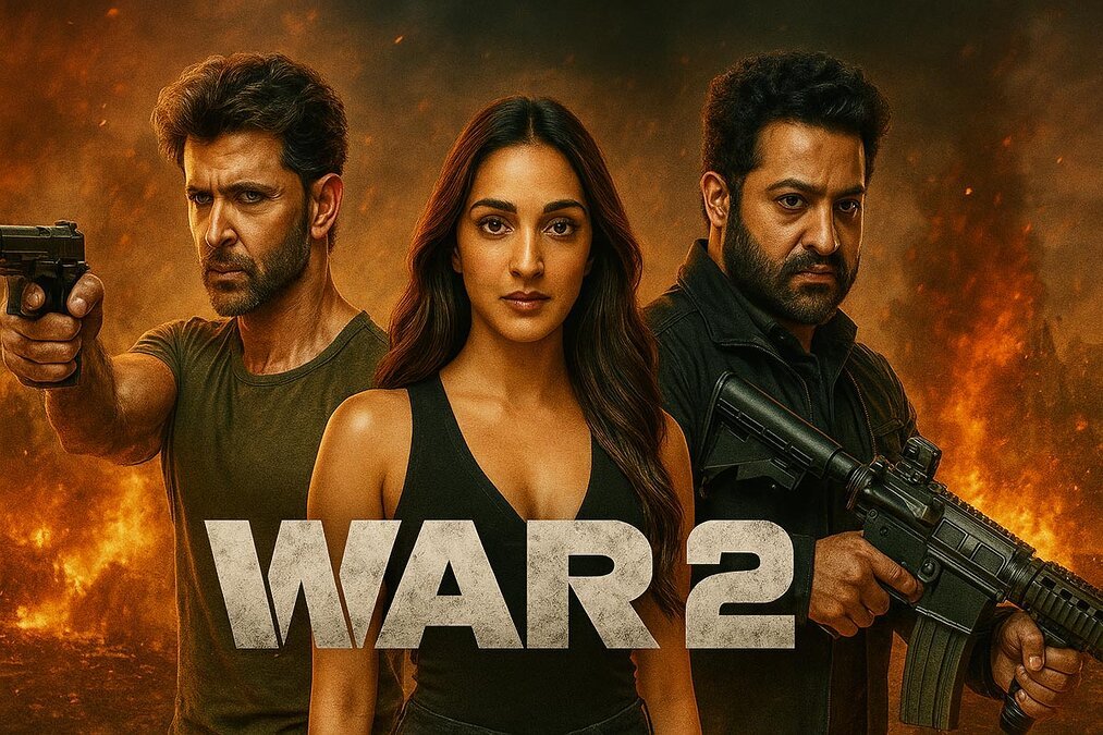 War 2 movie review : poster featuring Hrithik Roshan aiming a pistol, Kiara Advani in the center, and Jr NTR holding an assault rifle, set against a fiery battlefield backdrop, YRF Spy Universe film.