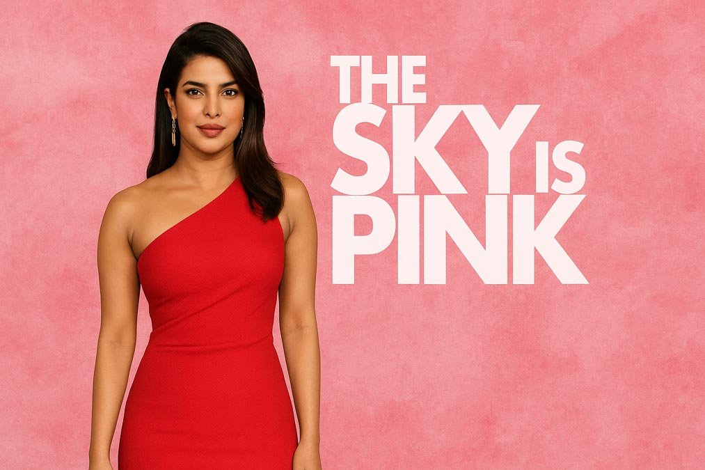Priyanka Chopra jonas at The Sky Is Pink promotion event, wearing an elegant red one-shoulder dress against a pink backdrop.