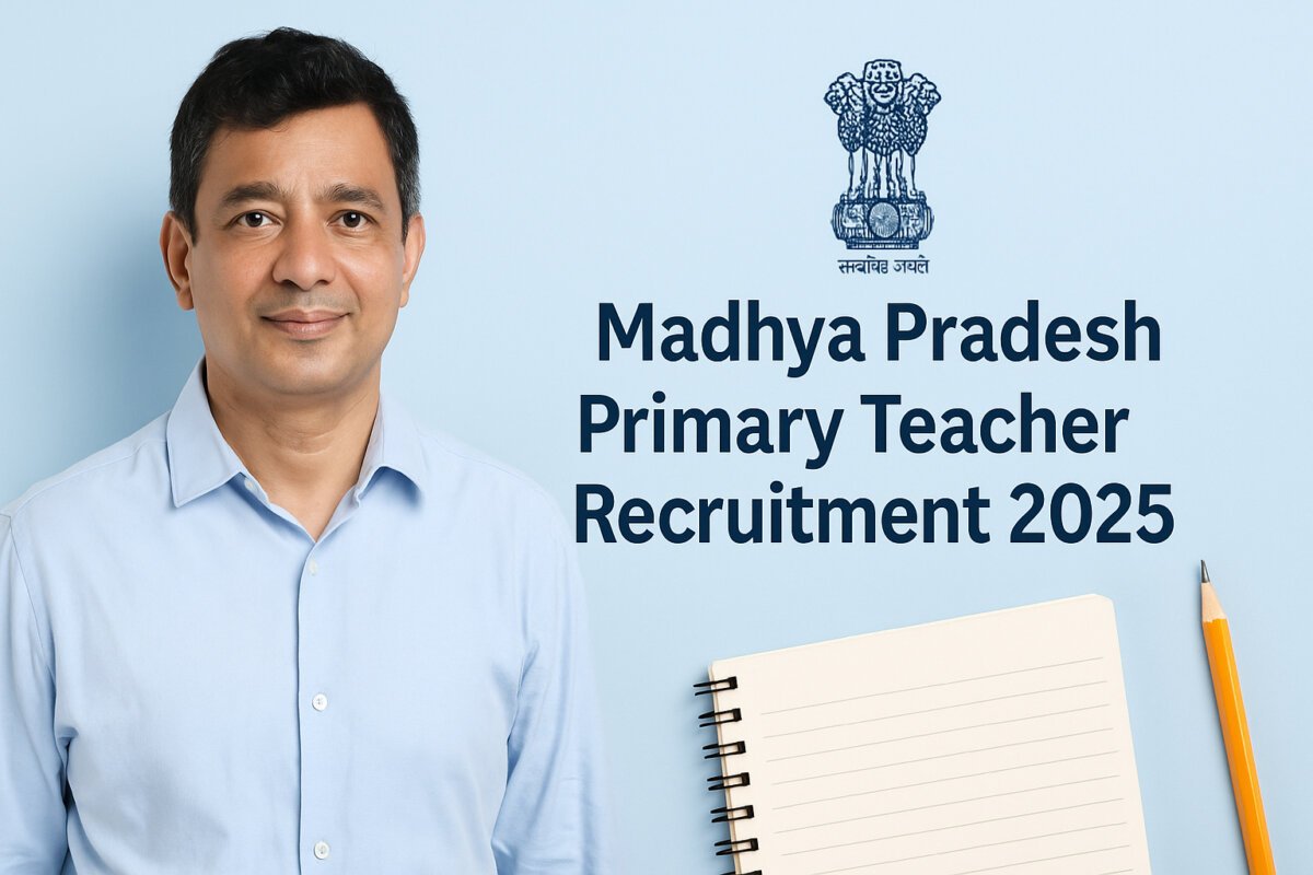 Smiling Indian man standing beside text “Madhya Pradesh Primary Teacher Recruitment 2025” with Ashoka emblem, notebook, and pencil on a clean blue background.
