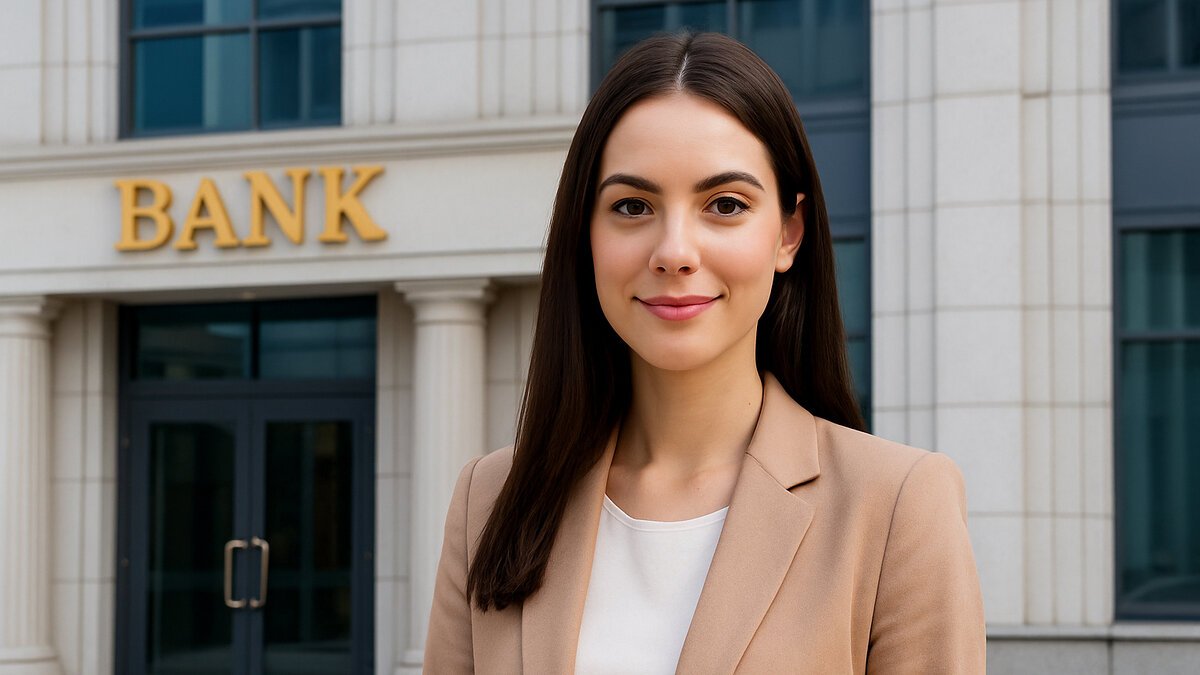 Young professional woman standing confidently in front of a modern banking sector office background, symbolizing career opportunities in IBPS CRP CSA XV Recruitment 2025.