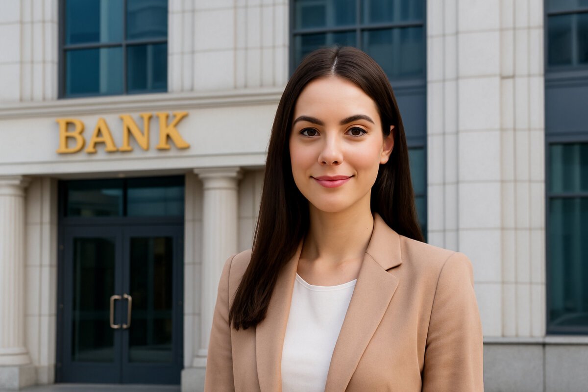 Young professional woman standing confidently in front of a modern banking sector office background, symbolizing career opportunities in IBPS CRP CSA XV Recruitment 2025.
