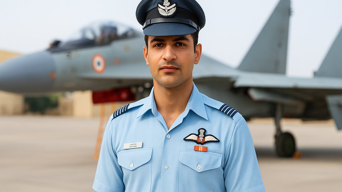 Young Indian Air Force Agniveer trainee in uniform standing on an airfield with aircraft in the background, representing Agniveer Vayu Intake 02/2026 recruitment.