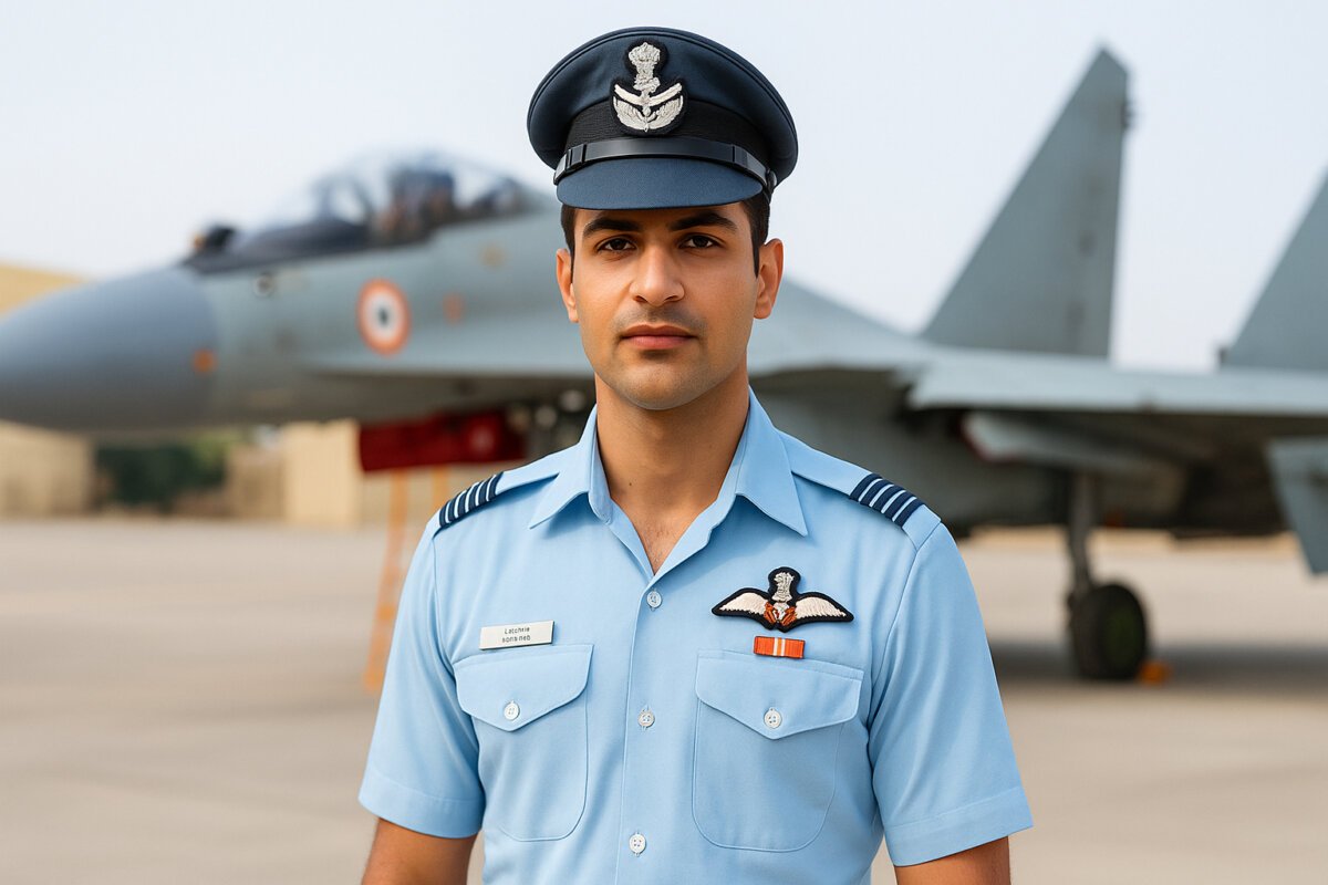 Young Indian Air Force Agniveer trainee in uniform standing on an airfield with aircraft in the background, representing Agniveer Vayu Intake 02/2026 recruitment.