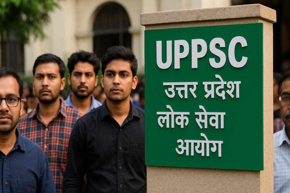 उत्तर प्रदेश लोक सेवा आयोग (UPPSC) भवन के बाहर उम्मीदवारों का समूह भर्ती सूचना बोर्ड को देखता हुआ – 2025 LT ग्रेड शिक्षक भर्ती का दृश्य