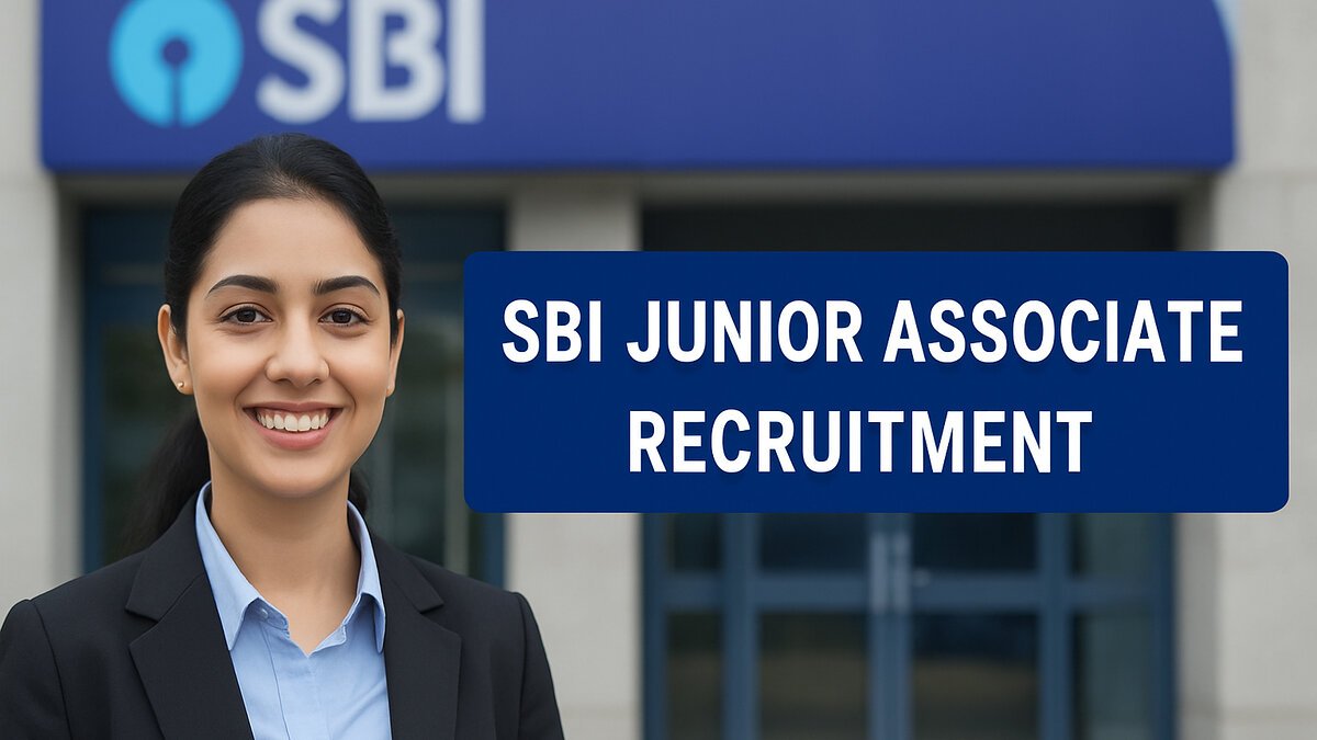 A professionally dressed young Indian woman stands smiling in front of an SBI (State Bank of India) branch, with a banner beside her that reads "SBI Junior Associate Recruitment.