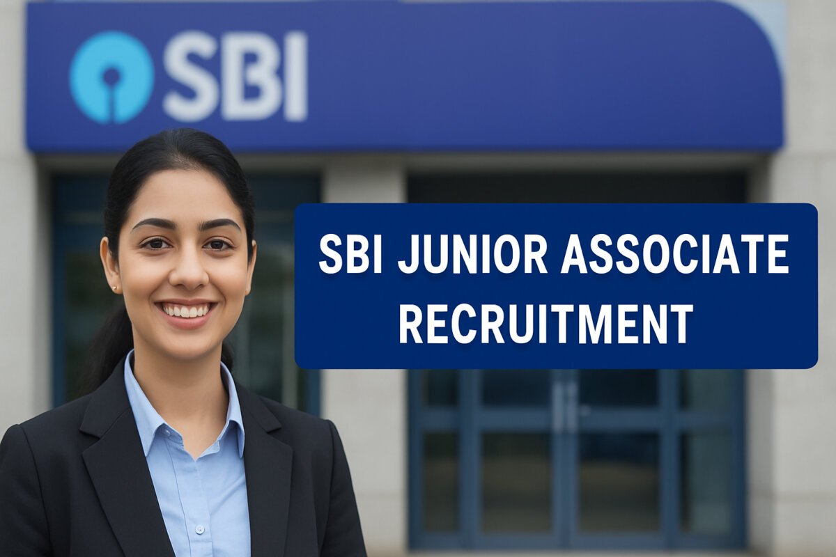 A professionally dressed young Indian woman stands smiling in front of an SBI (State Bank of India) branch, with a banner beside her that reads "SBI Junior Associate Recruitment.