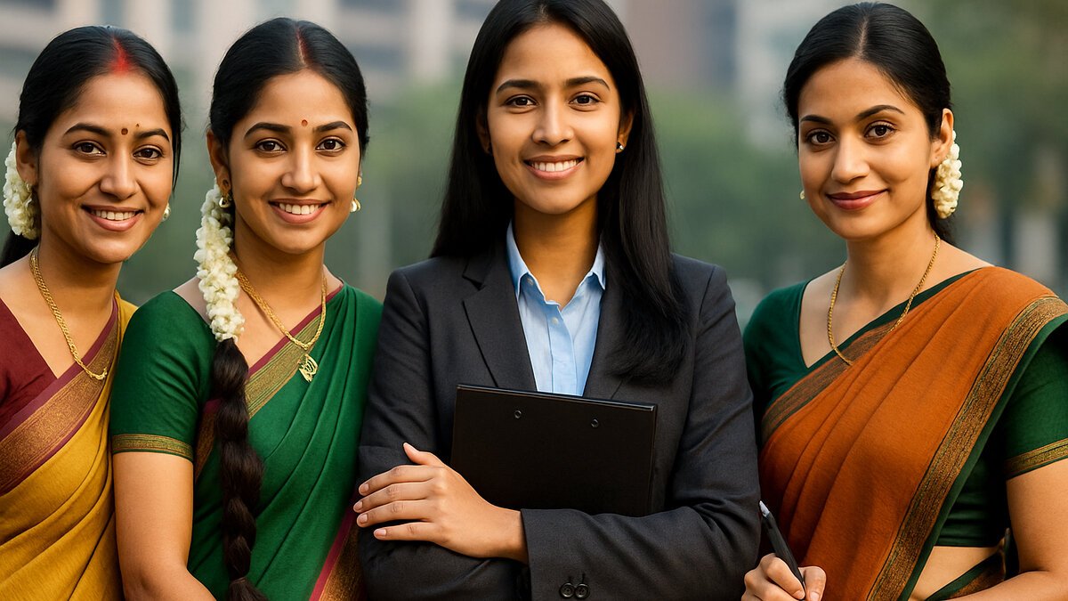 A composite digital photograph showing four South Indian women, three dressed in traditional sarees with jasmine flowers in their hair, and one in professional attire holding a clipboard, standing confidently against a blurred modern city backdrop.