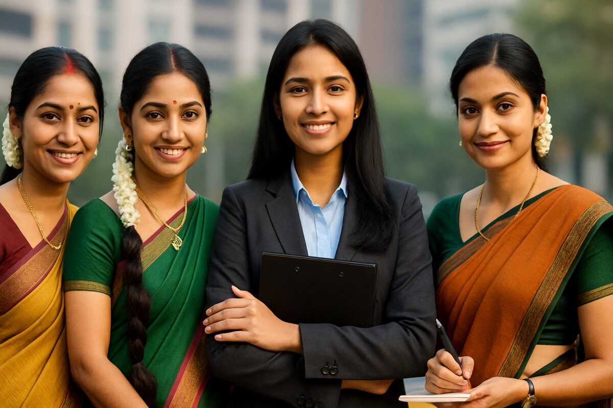 A composite digital photograph showing four South Indian women, three dressed in traditional sarees with jasmine flowers in their hair, and one in professional attire holding a clipboard, standing confidently against a blurred modern city backdrop.