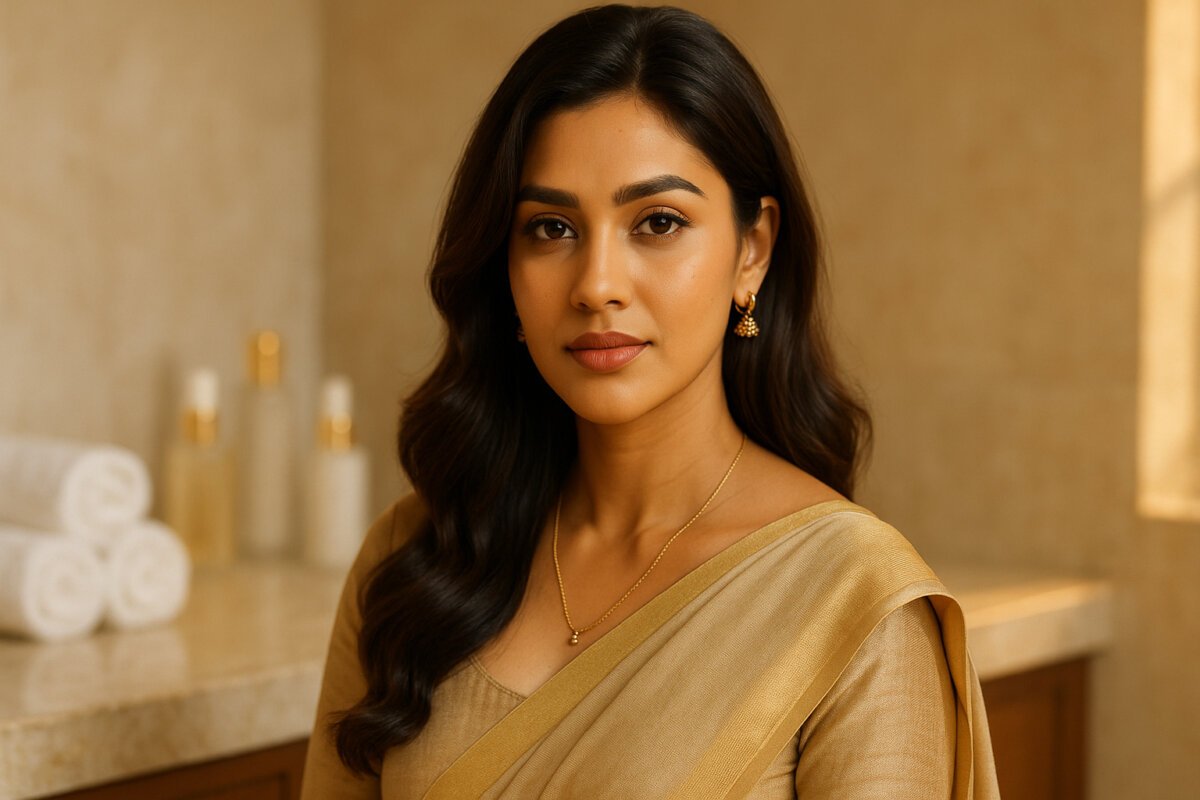 Luxury beauty lifestyle 2025 portrait of a South Indian woman in beige-gold saree, soft sunlight, minimal vanity background, no text on image.