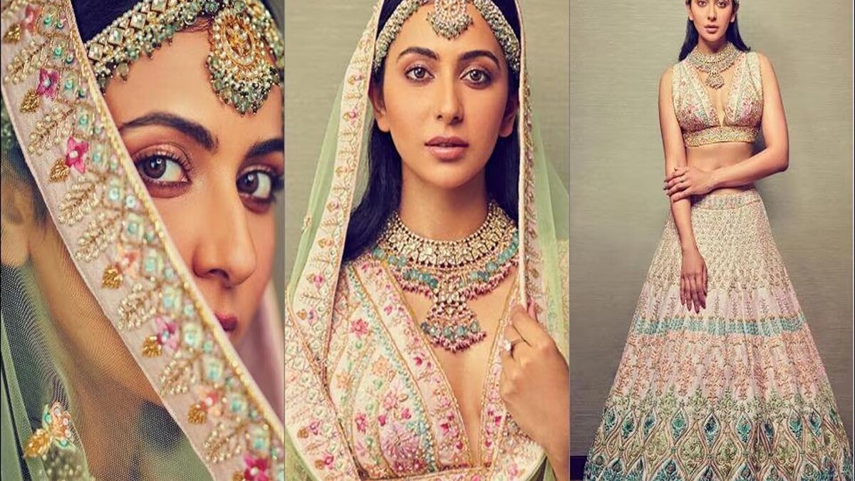 Elegant lehenga looks by Rakul Preet Singh in pastel lehenga with embroidery and jewelry – bridal fashion inspiration 2025. Image Credit: Times of India.