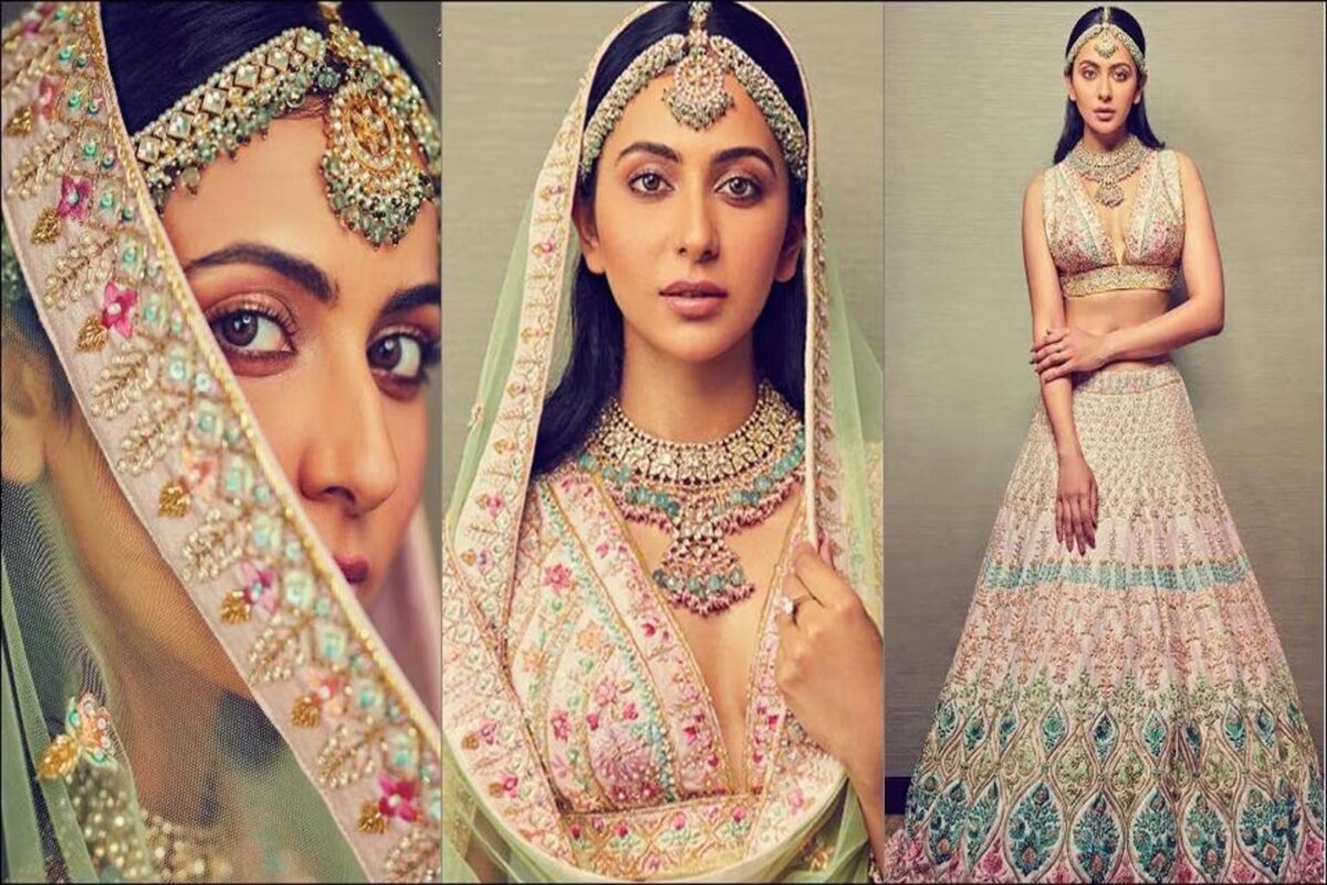 Elegant lehenga looks by Rakul Preet Singh in pastel lehenga with embroidery and jewelry – bridal fashion inspiration 2025. Image Credit: Times of India.