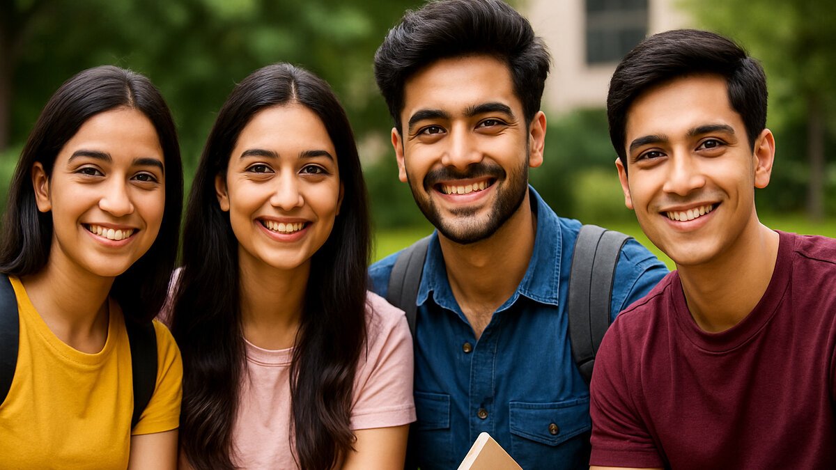 Friendship Day 2025 पर भारतीय कॉलेज दोस्तों का समूह – आकर्षक मुस्कान और सच्ची दोस्ती का भाव दर्शाता दृश्य
