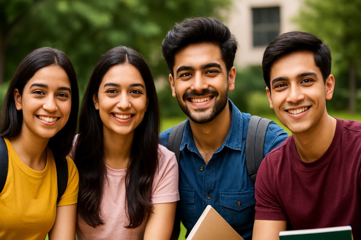 Friendship Day 2025 पर भारतीय कॉलेज दोस्तों का समूह – आकर्षक मुस्कान और सच्ची दोस्ती का भाव दर्शाता दृश्य