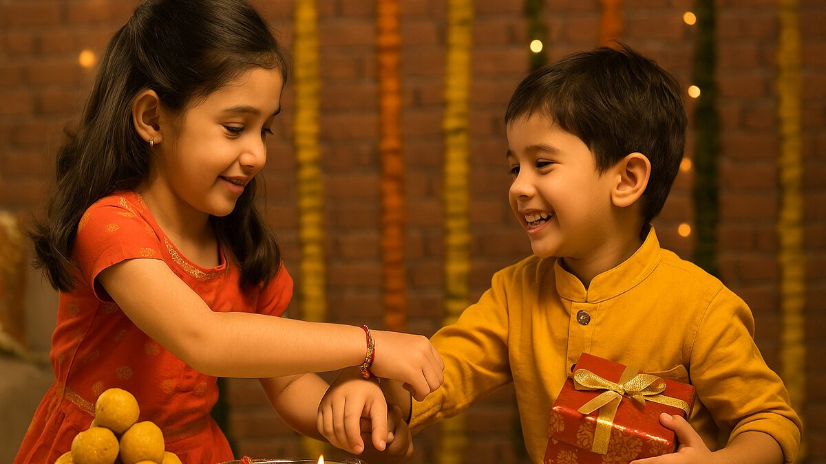 Raksha Bandhan 2025 Wishes – Little sister tying rakhi to younger brother holding gift