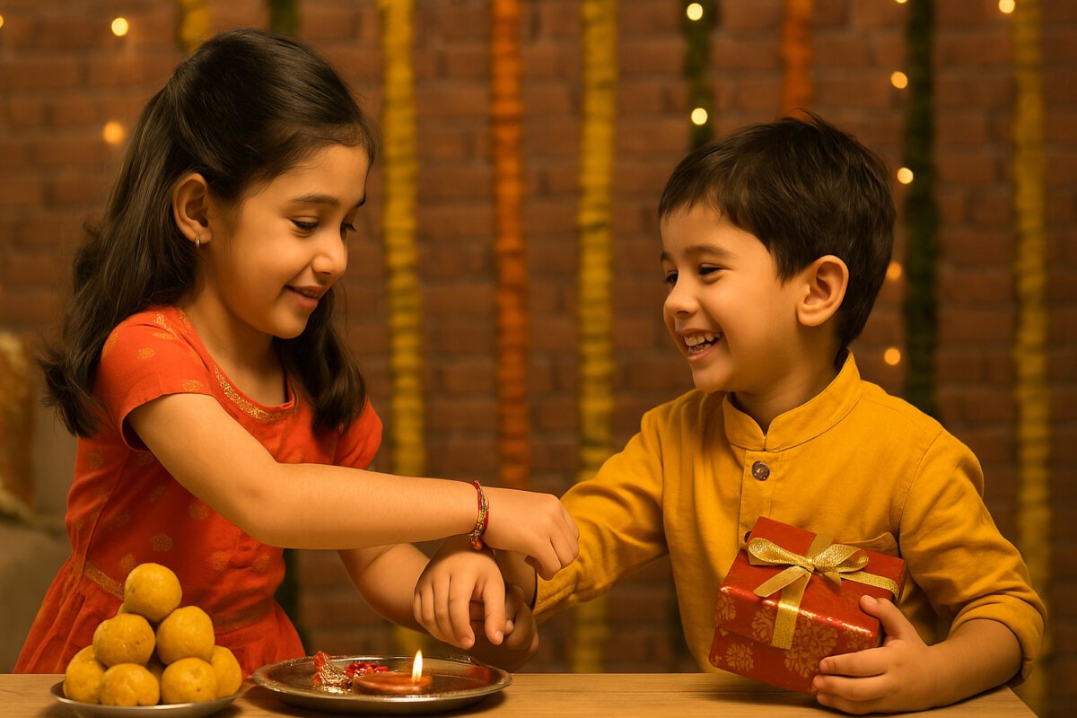 Raksha Bandhan 2025 Wishes – Little sister tying rakhi to younger brother holding gift