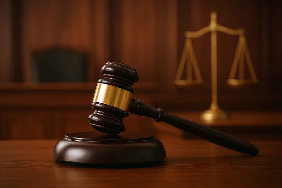 Indian courtroom symbolic image with judge’s gavel and scales of justice, representing strict digital rape laws under BNS 2023