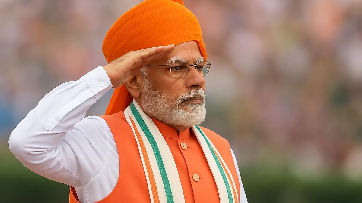 भारतीय प्रधानमंत्री नरेंद्र मोदी, नारंगी पगड़ी, सफेद कुर्ता और भगवा नेहरू जैकेट के साथ तिरंगे का दुपट्टा पहने, गंभीर भाव से सलामी देते हुए, पृष्ठभूमि धुंधली।