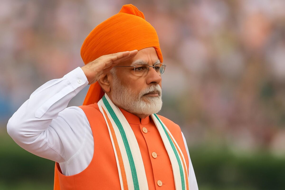 भारतीय प्रधानमंत्री नरेंद्र मोदी, नारंगी पगड़ी, सफेद कुर्ता और भगवा नेहरू जैकेट के साथ तिरंगे का दुपट्टा पहने, गंभीर भाव से सलामी देते हुए, पृष्ठभूमि धुंधली।