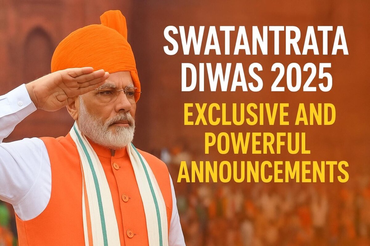 भारतीय प्रधानमंत्री नरेंद्र मोदी, नारंगी पगड़ी, सफेद कुर्ता और भगवा नेहरू जैकेट के साथ तिरंगे का दुपट्टा पहने, गंभीर भाव से सलामी देते हुए, पृष्ठभूमि धुंधली।