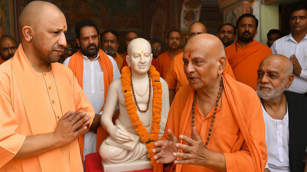 CM योगी चित्रकूट दौरा – संतों संग संवाद करते हुए मुख्यमंत्री योगी आदित्यनाथ, तुलसीदास प्रतिमा का अनावरण और चर्चा का दृश्य