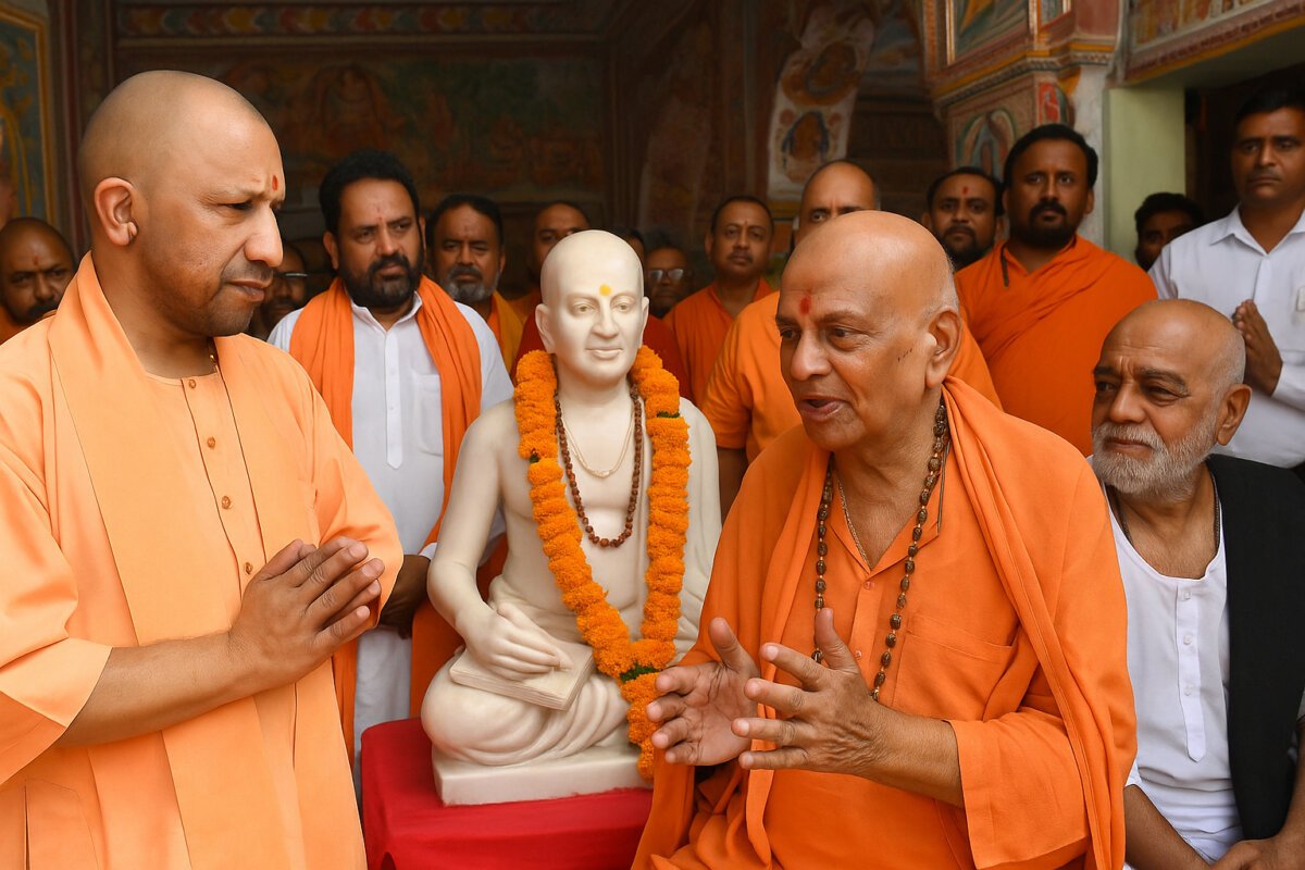 CM योगी चित्रकूट दौरा – संतों संग संवाद करते हुए मुख्यमंत्री योगी आदित्यनाथ, तुलसीदास प्रतिमा का अनावरण और चर्चा का दृश्य