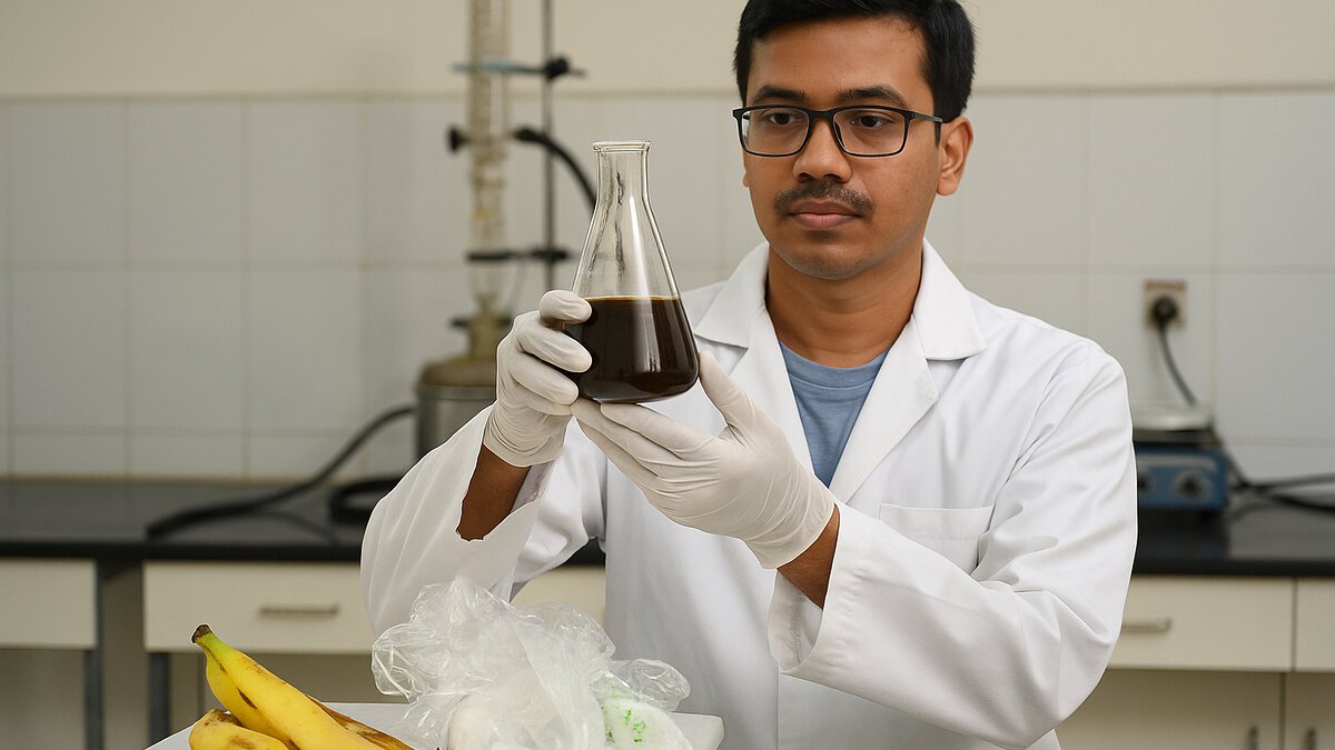 IISER भोपाल का एक वैज्ञानिक प्रयोगशाला में सफेद कोट और दस्ताने पहनकर केले के छिलके और प्लास्टिक से तैयार पायरो-ऑयल (बायोडीज़ल) के नमूने को ध्यानपूर्वक जांचते हुए।