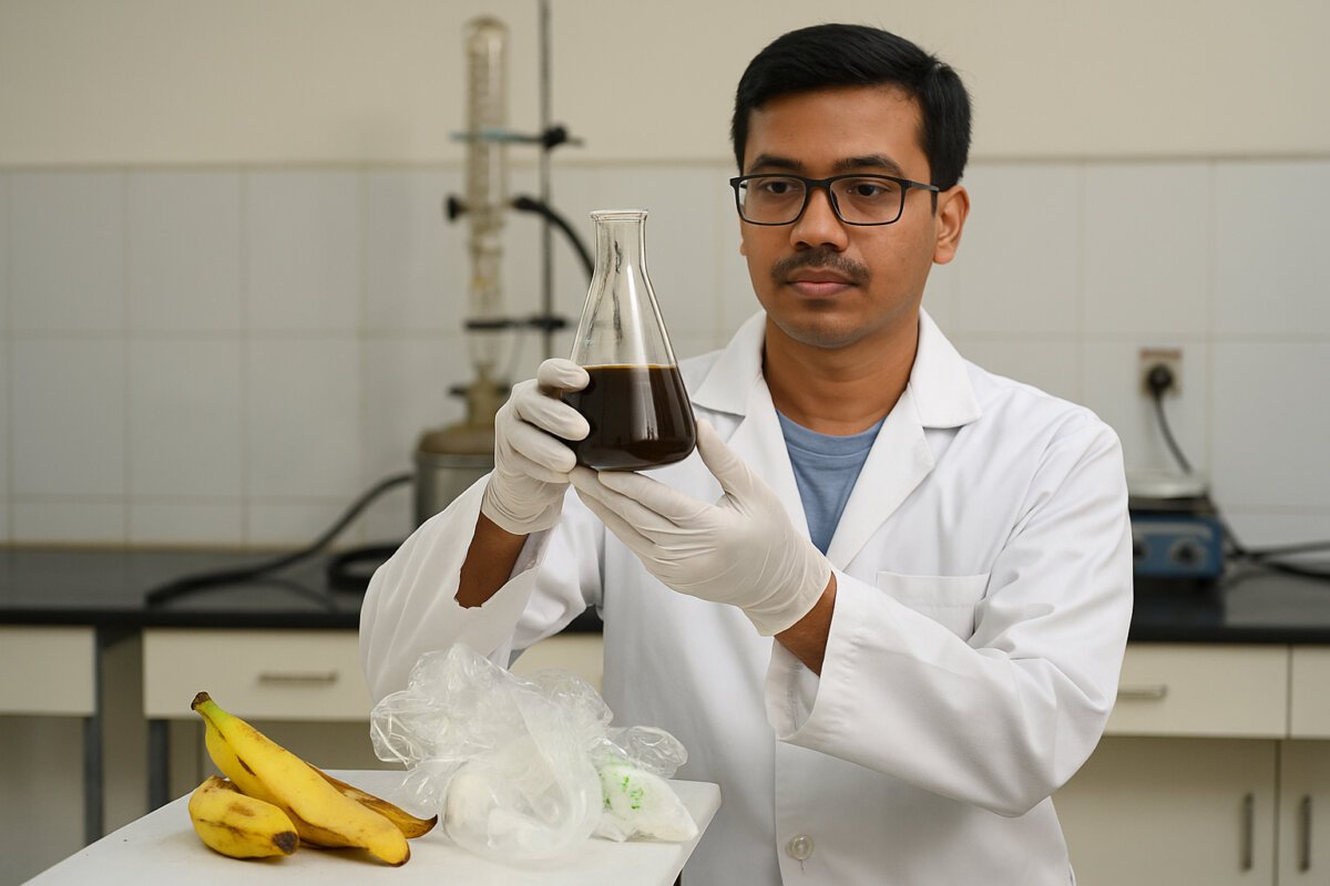 IISER भोपाल का एक वैज्ञानिक प्रयोगशाला में सफेद कोट और दस्ताने पहनकर केले के छिलके और प्लास्टिक से तैयार पायरो-ऑयल (बायोडीज़ल) के नमूने को ध्यानपूर्वक जांचते हुए।