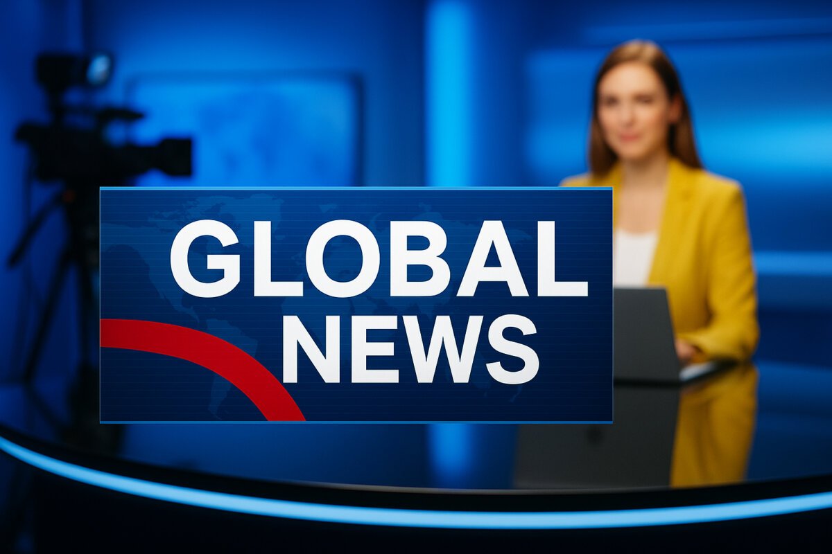 Global News Today: न्यूज़ स्टूडियो में स्पष्ट दृश्य के साथ न्यूज़ एंकर और ग्लोबल न्यूज़ कवरेज को दर्शाती तस्वीर