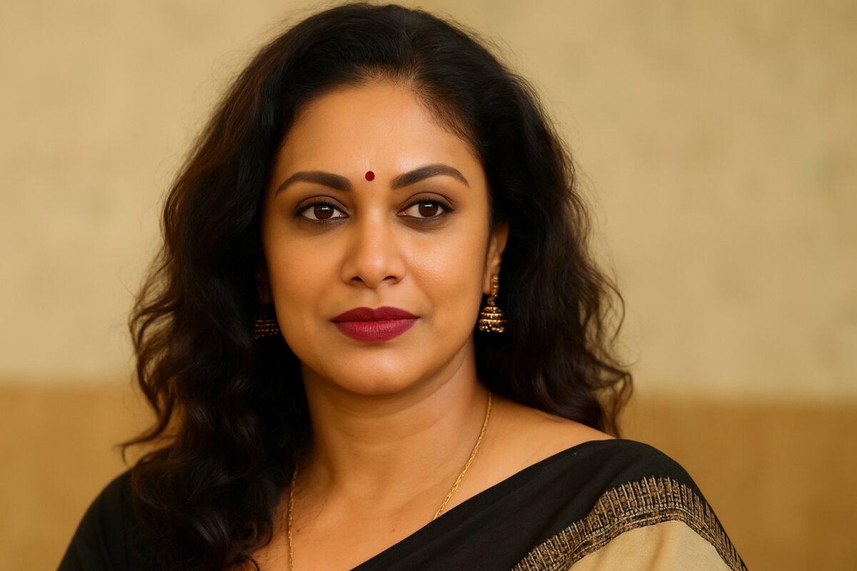 A confident South Asian woman in her late thirties wearing a black and gold sari, gold jhumka earrings, and a small red bindi, with wavy dark hair and bold makeup, standing against a softly blurred beige background.