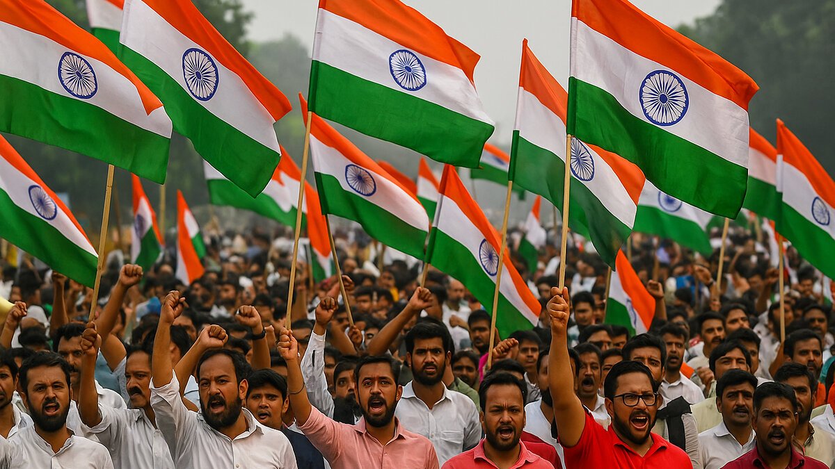Indian protesters waving the national flag during a political rally, with the full crowd and flags clearly visible
