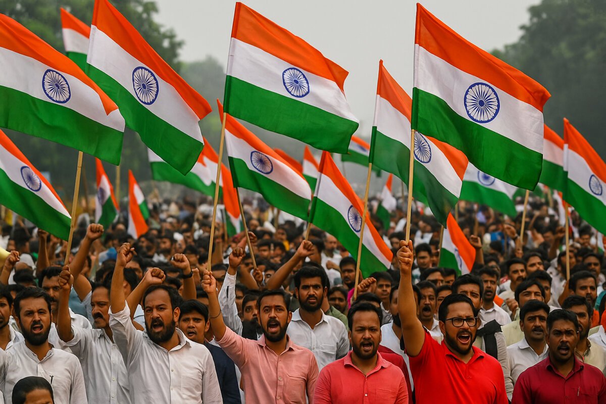Indian protesters waving the national flag during a political rally, with the full crowd and flags clearly visible