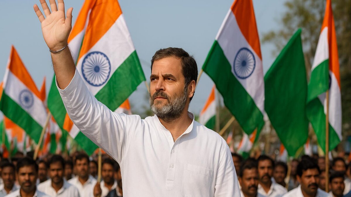 AI generated representation purpose only – Rahul Gandhi Vote Adhikar Yatra rally 2025 in Bihar with Rahul Gandhi leading supporters holding Indian flags, highlighting voter rights and democracy