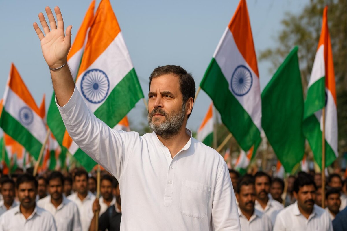 AI generated representation purpose only – Rahul Gandhi Vote Adhikar Yatra rally 2025 in Bihar with Rahul Gandhi leading supporters holding Indian flags, highlighting voter rights and democracy