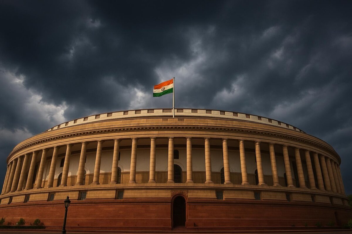 Indian Parliament building under dark cloudy skies symbolizing constitutional debate on Constitution Amendment Bill 2025 in India