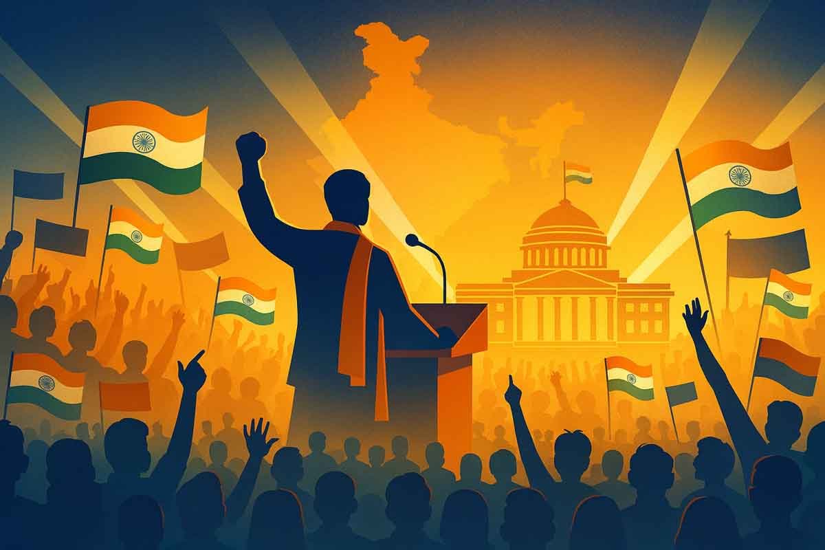 PM Modi Bold and Historic Statement during Gaya Rally – विशाल भीड़, भारतीय ध्वज और मंच का प्रतीकात्मक चित्रण