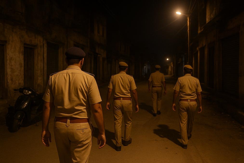 चित्रकूट में बढ़ती वारदातें: रात के समय पुलिस गश्त करते हुए अधिकारी (AI Generated Image)
