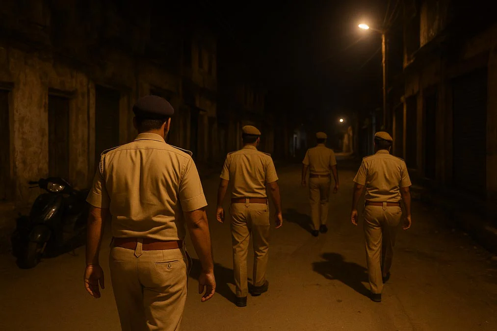 चित्रकूट में बढ़ती वारदातें: रात के समय पुलिस गश्त करते हुए अधिकारी (AI Generated Image)