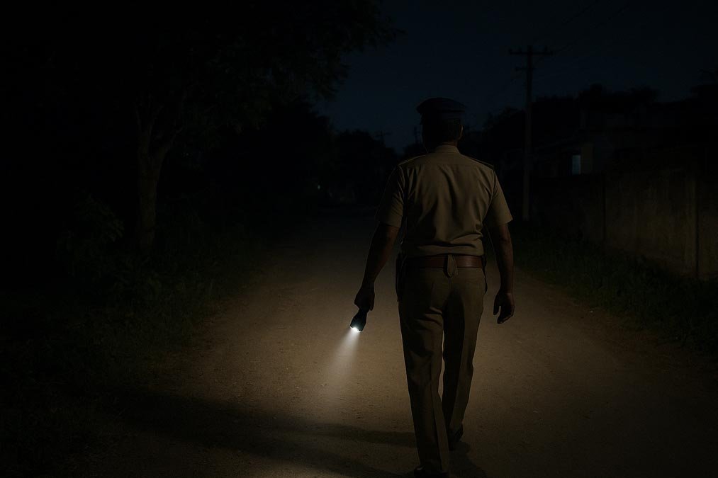 Big News Chitrakoot: चित्रकूट में बढ़ती वारदातें - अंधेरी सड़क पर टॉर्च लिए पुलिस का गश्त करता अधिकारी (AI Generated Image)