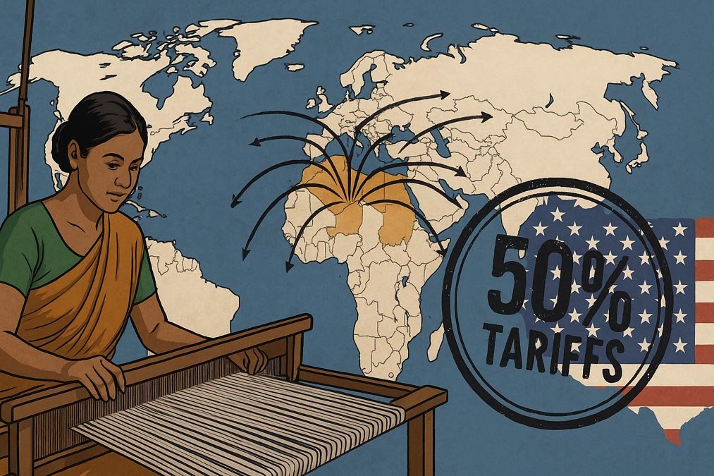 Indian textile worker weaving on a loom with world map arrows pointing from India to 40 countries, US flag in background stamped with 50% tariffs — India’s counter to Donald Trump’s tariffs.