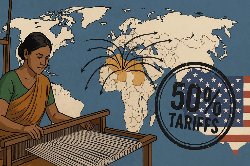Indian textile worker weaving on a loom with world map arrows pointing from India to 40 countries, US flag in background stamped with 50% tariffs — India’s counter to Donald Trump’s tariffs.
